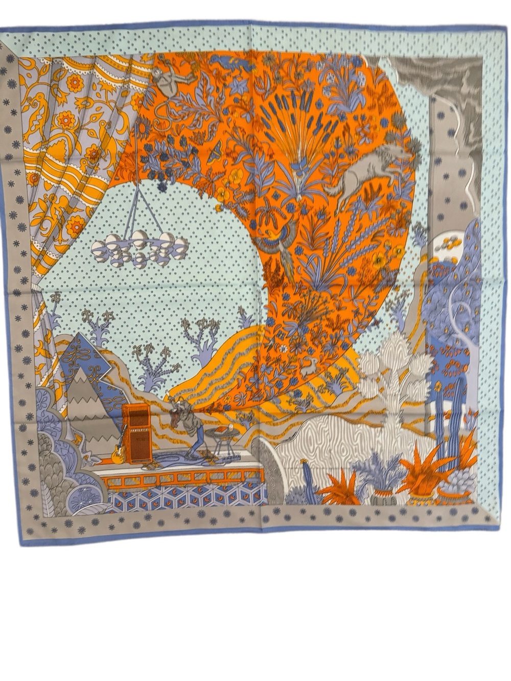 Luxury 90cm Silk Orange and Light Blue Scarf